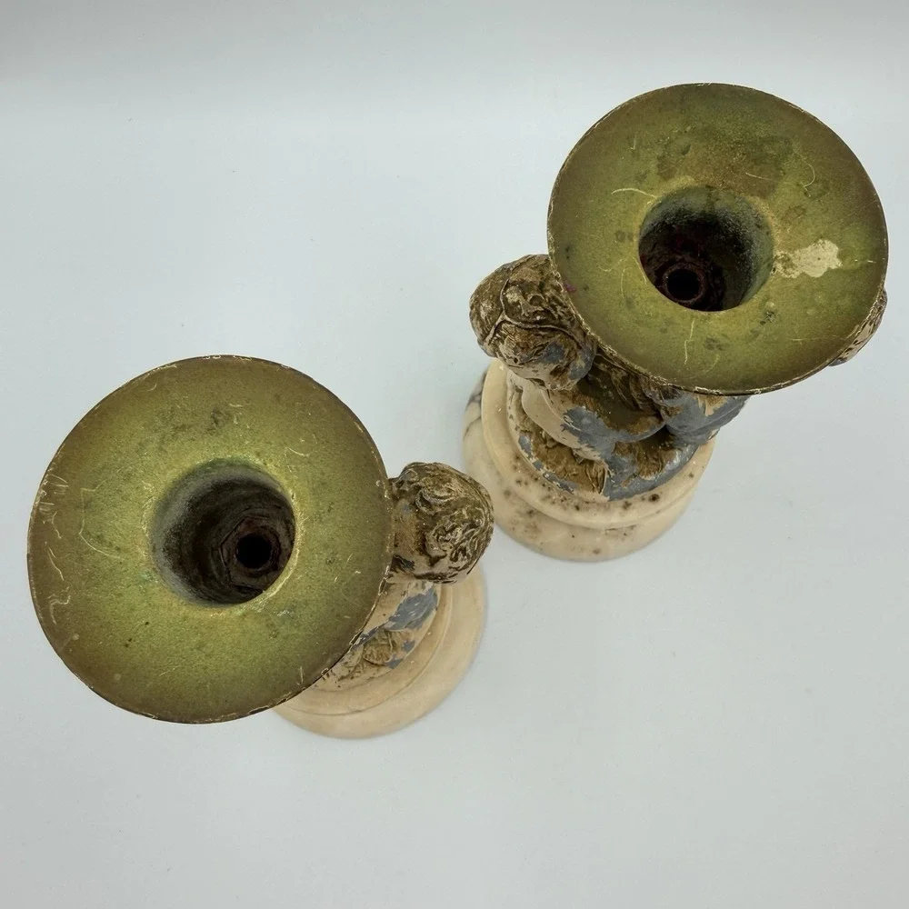 Vintage Italian Alabaster Marble Cherub Candlestick Holders Set - Made In Italy
